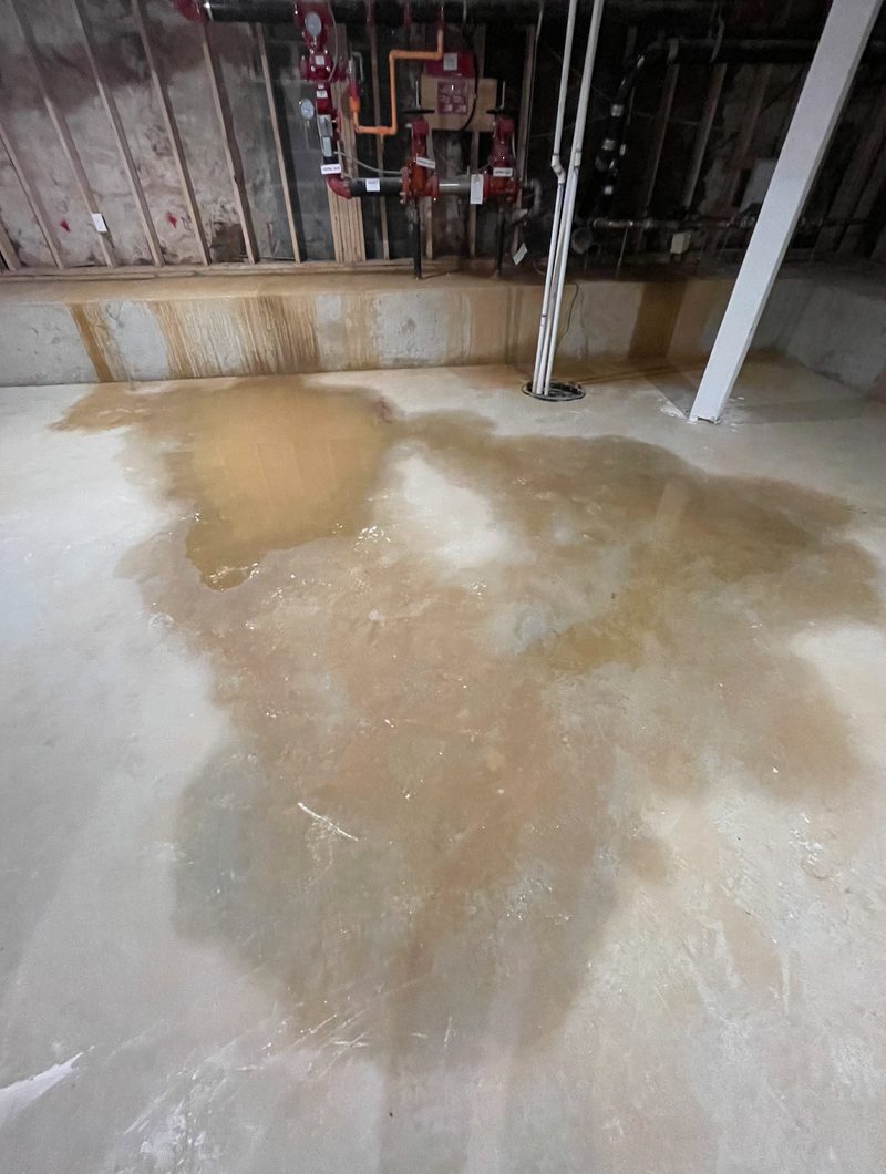 Water pooling on a basement floor near the foundation wall after heavy rain